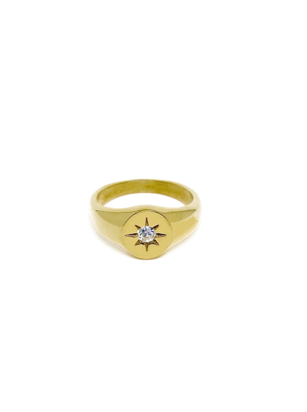 18 karat gold plated signet ring with cubic zirconia stone in the middle