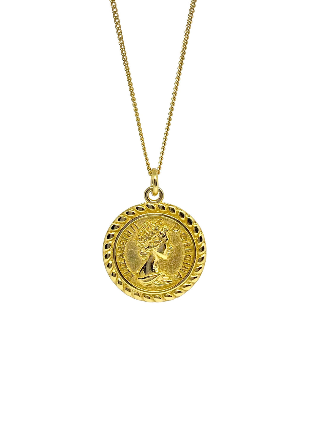 18 karat gold plated silver coin pendant necklace with queen Elizabeth in the middle