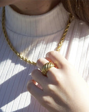 Load image into Gallery viewer, woman wearing 18 karat gold plated chunky statement ring and a rope chain
